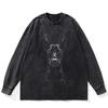 Streetwear Dobermann Graphic Washed Black T-Shirt Cotton Unisex Plus Size Long Sleeves T Shirt