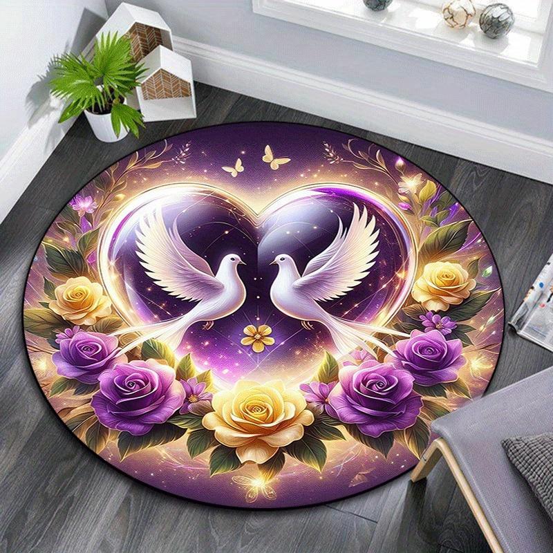 1pc Soft, Absorbent & Non Slip White dove and flowers Round Rug Soft Circle Rug for Living Room & Bedroom Decor, Chair Mats, and Unforgettab