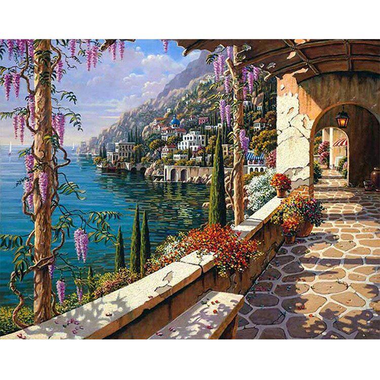 Diy Hand Made Diamond Embroidery Mosaic Painting Wall Cross Sticker Seaside Town Picture Home Decor
