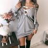 Women Sexy Lace Up Bandage Deep Off Shoulder Hoodies Long Loose Sleeve Pullover