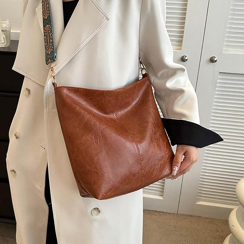 Vintage Solid Color Women Shoulder Sling Bag High-Capacity Simple Wide Strap Bucket Crossbody Bag