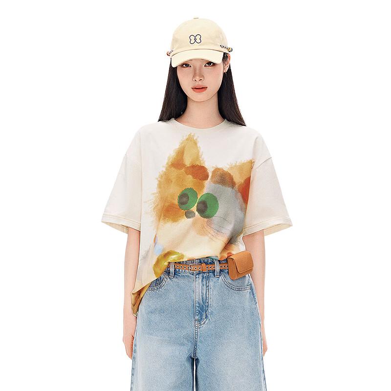 Ledian Cute Cat All-Over Print American Retro Cotton T-Shirt