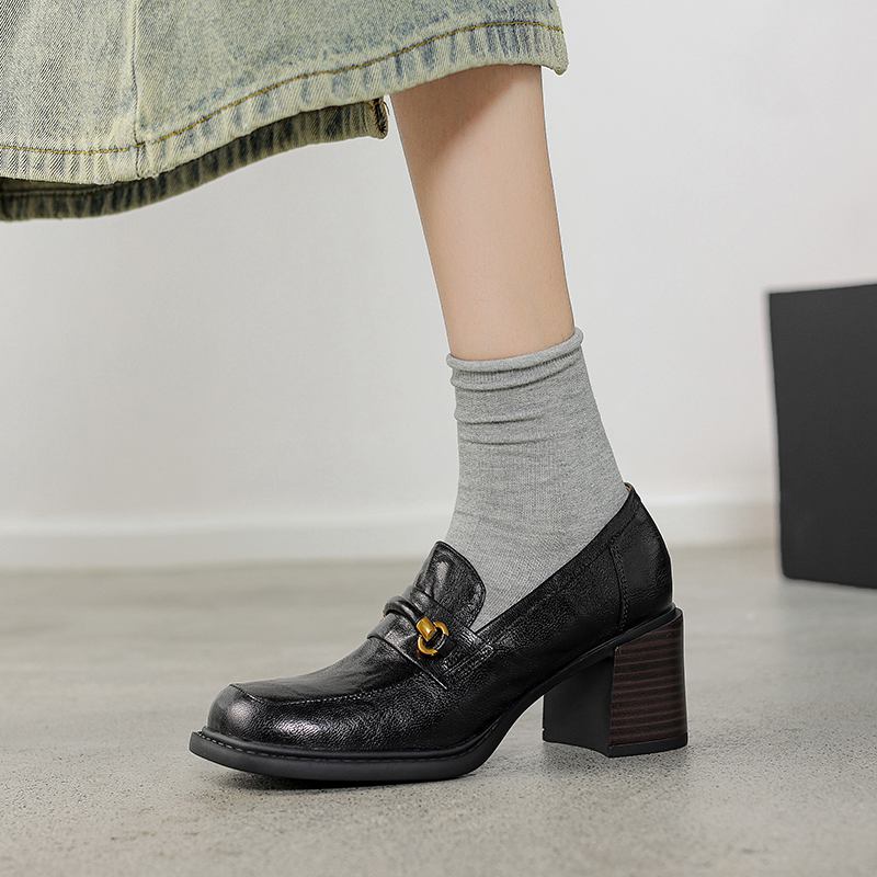 Krazing Pot Туфли из овчины с квадратным носком и толстым каблуком, осенне-летние, женские, с металлическим украшением, британские школьные туфли