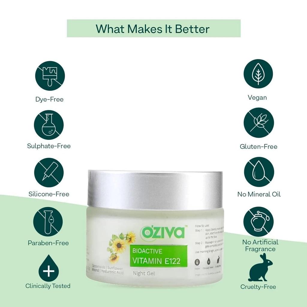 OZiva Vitamin E122 Night Gel Contains Hyaluronic Acid, Almond & Sunflower 50GM