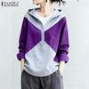 Women Casual Hoodies Patchwork Long Sleeve Hooded Blouse