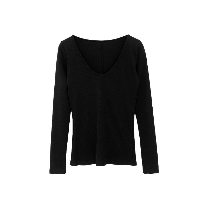 Повседневный стиль, новая белая футболка с U-образным вырезом и длинными рукавами, женская, начало осени, новый облегающий топ, тренд