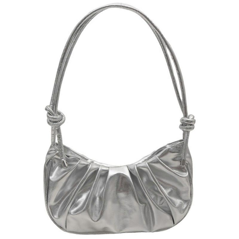 Women Bag Trendy Armpit Bag Large Capacity Shoulder Bag Pleated Underarm Bag Fashion Handbag Sweet Messenger Bag Silver less