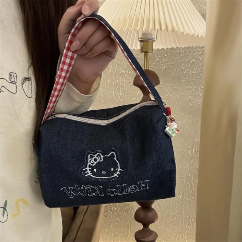 Милая Джинсовая Косметичка Hello Kitty Большой Вместимости Винтажная Контрастная Клетчатая Сумка-Клатч Портативная Сумка для Хранения Сумка для Девочки Kt Подарки