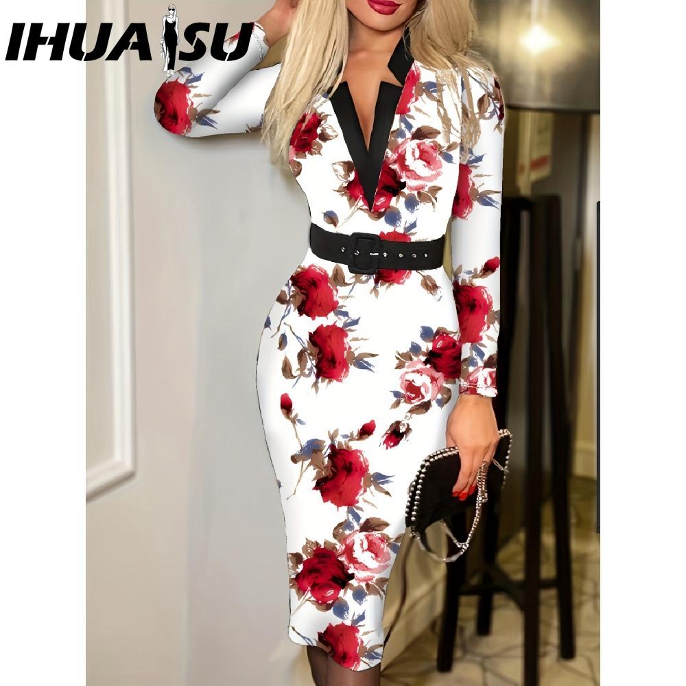 IHUASU Женская мода весенне-осенние повседневные платья с длинным рукавом и v-образным вырезом с высокой талией