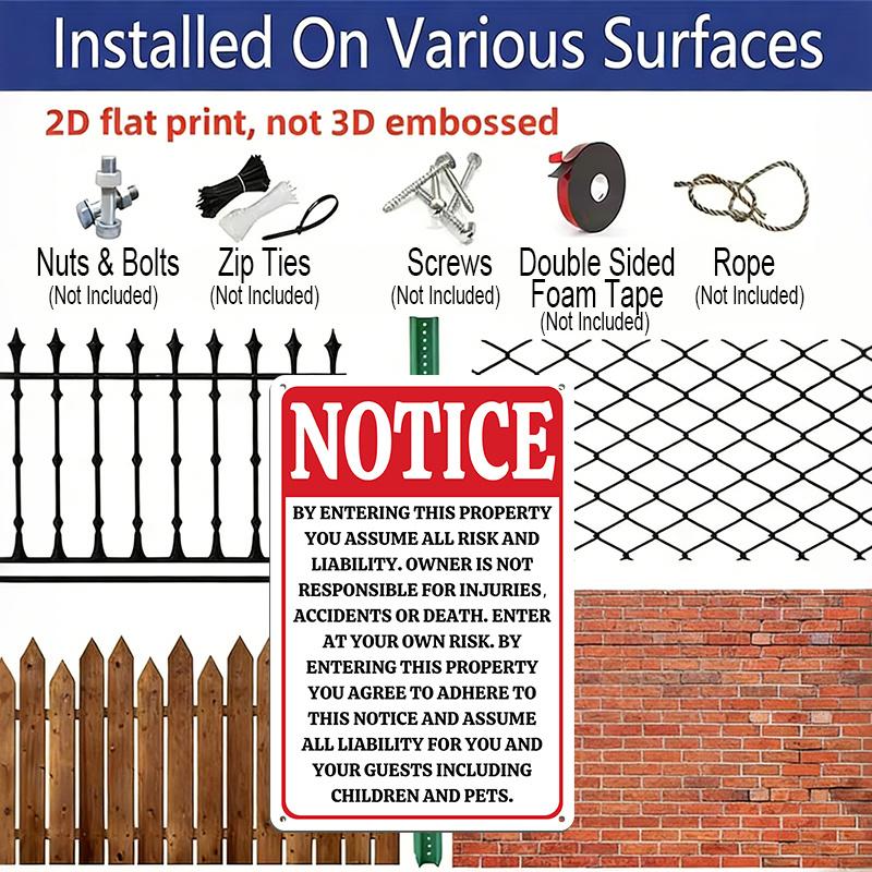 2D Flat 8×12 Inch "Notice Enter At Your Own Risk" Property Liability Metal Sign - Safety Warning Wall Decor, Aluminum Hanging for Yard, Gate, Farm or