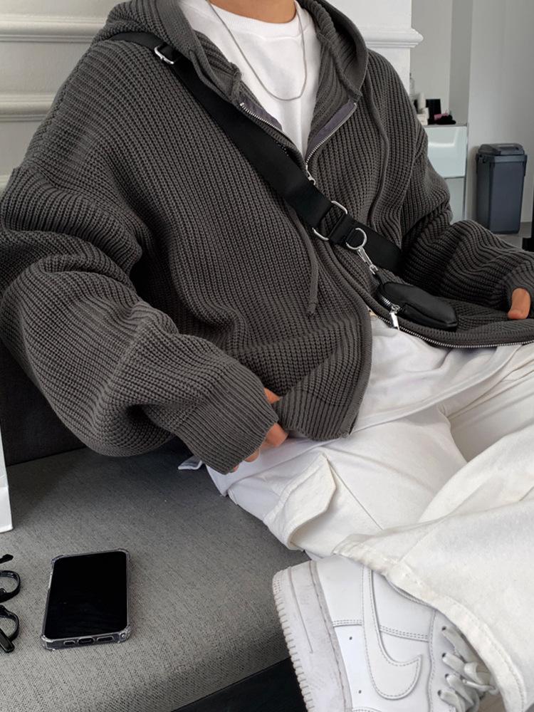 Мужской модный универсальный кардиган-свитер с капюшоном на осень/зиму однотонный