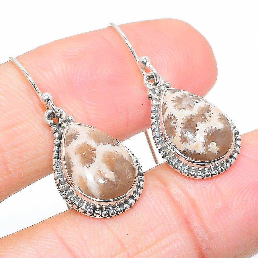 Натуральный ископаемый коралл драгоценный камень 925 пробы серебро подарок серьга 1,25" a2A74