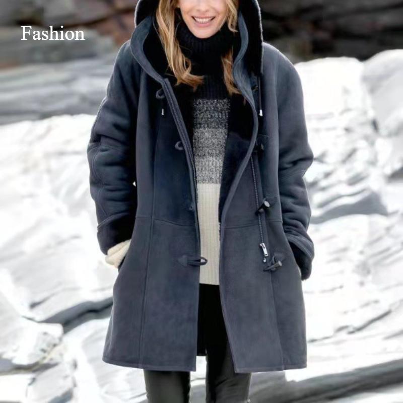 2025 Winter Simple Original Style Coat Solid Color Casual Button Cardigan Warm Medium Long Hooded Women's Coat