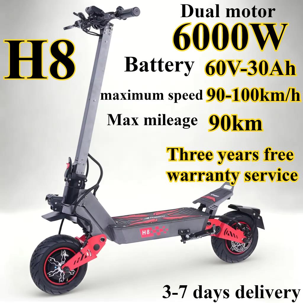 H8 off road electric scooter dual 6000W motor 60V 28Ah battery front and rear dual suspension 11 inch all terrain tires high spe