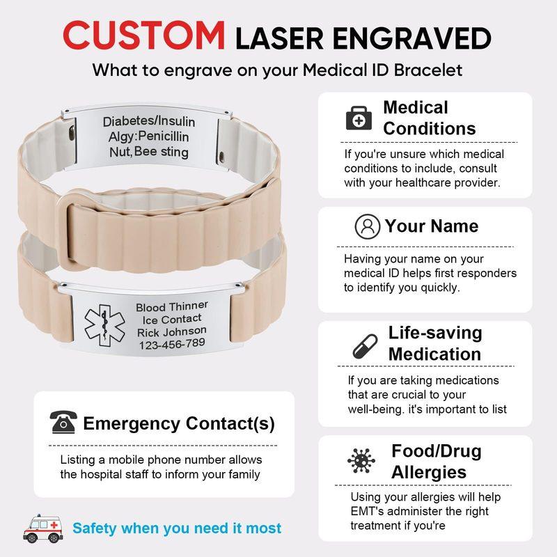 Medical Alert ID Bracelet for Women, Custom Silicone Strap Medical Bracelets for Sports,Adjustable Wristband for Diabetic