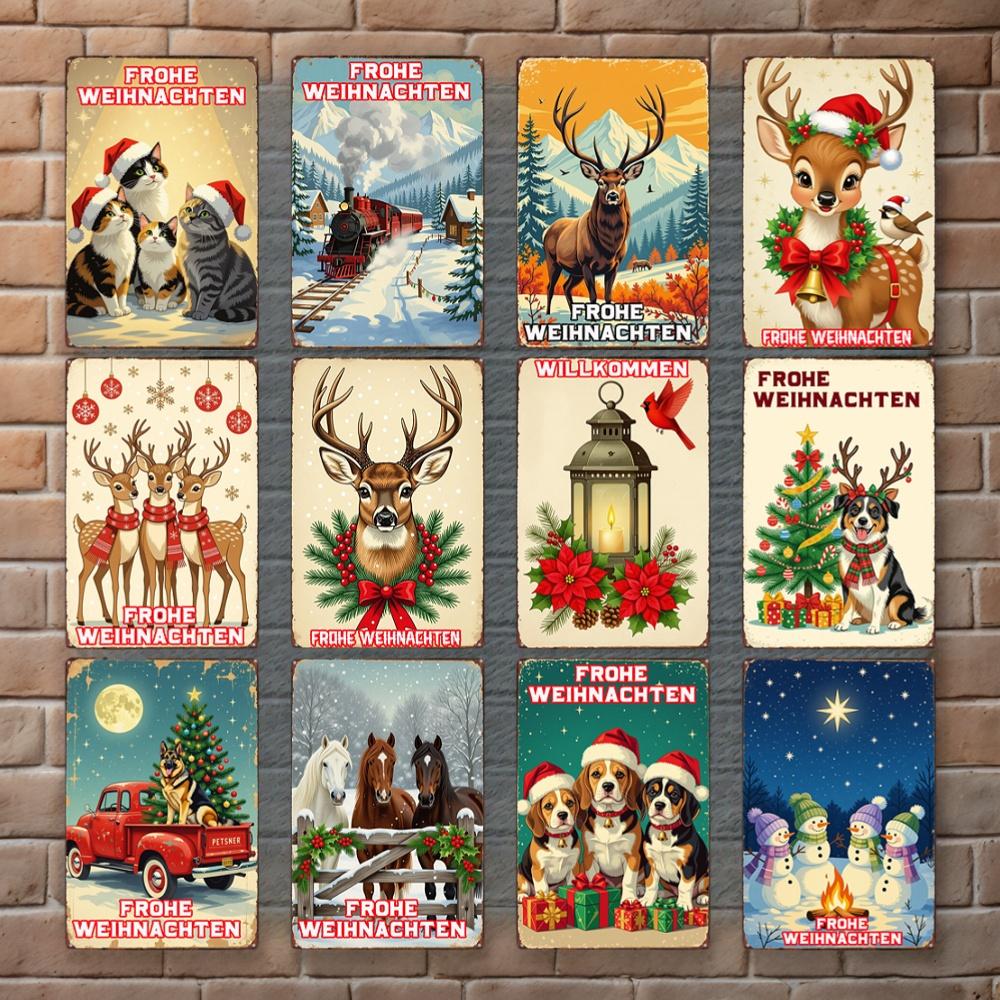 YZFQFrohe Weihnachten Metal Tin Sign Merry Christmas in German Poster Wall for Bar Home Party Holiday Decor 12X8inch ZW-71