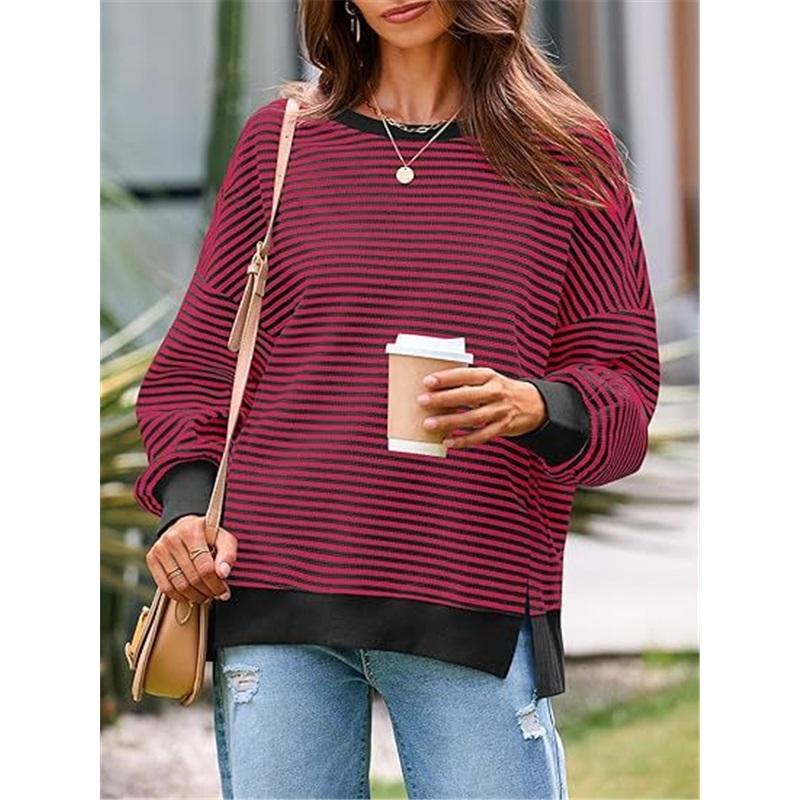 Women Striped Crew Neck Sweatshirt Loose Oversized Long Sleeve Pullover Casual Daily Blouse Top