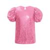 Girls Short Puff Sleeves Shiny Sequins Top Jazz Dance Cheerleading Performance Wear