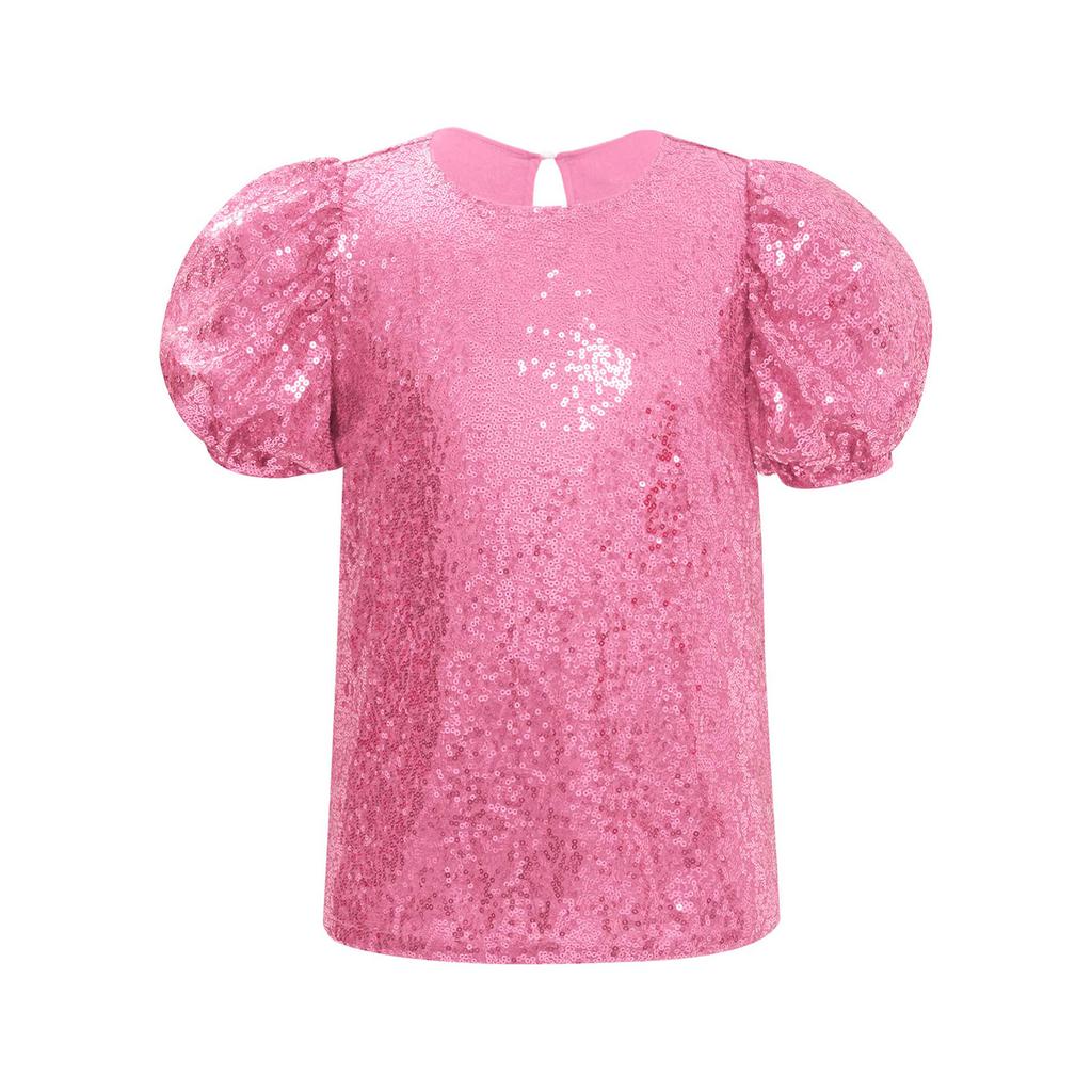 Girls Short Puff Sleeves Shiny Sequins Top Jazz Dance Cheerleading Performance Wear
