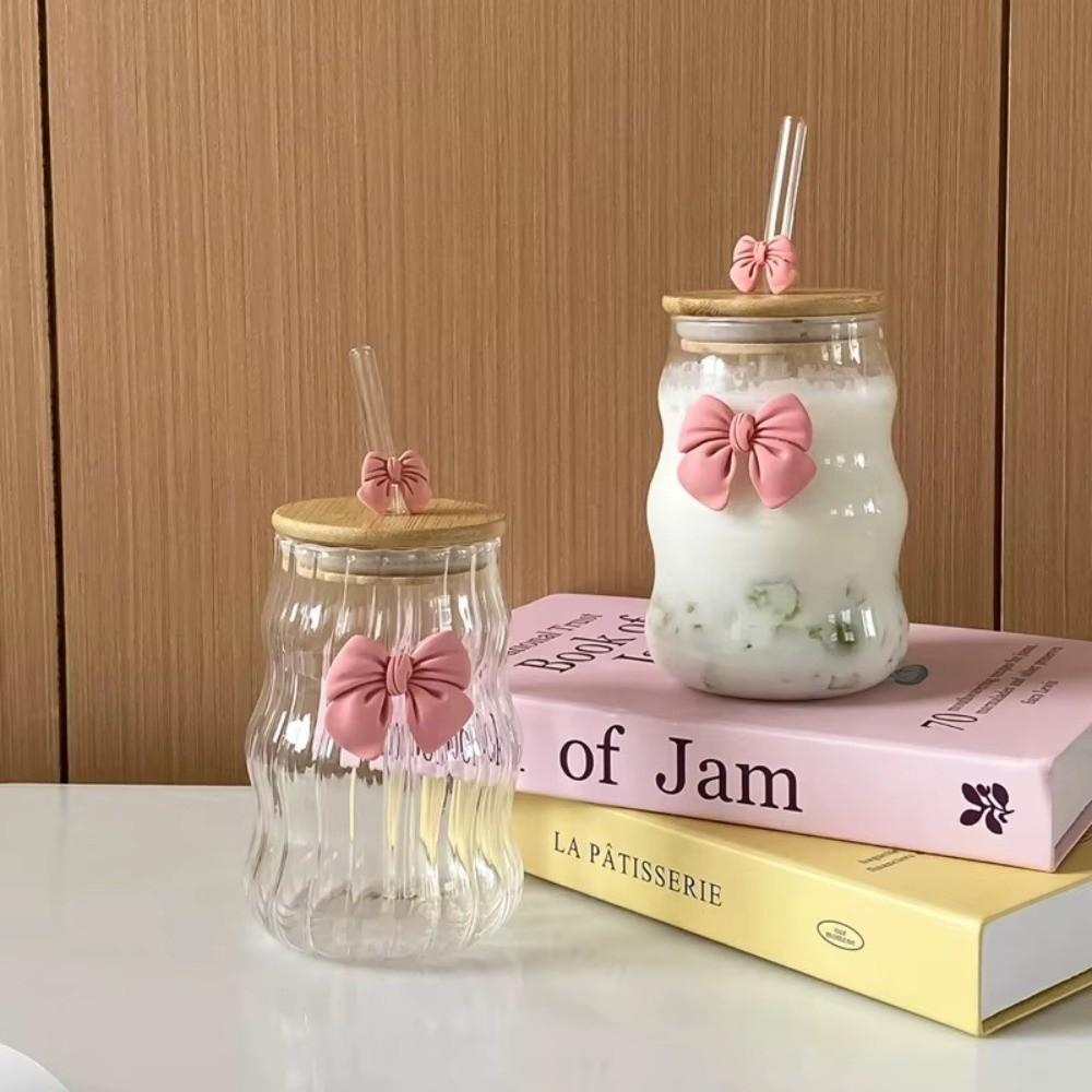 Bow Knot Striped Glass Cup With Lid And Straw Clear Juice Milk Cup Good Looking Cup For Girls Home Office Valentine S Day Gift