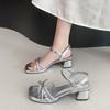 Серебристые туфли-сандалии на толстом каблуке женские новые летние юбочные темпераментные туфли на высоком каблуке со стразами пляжные туфли