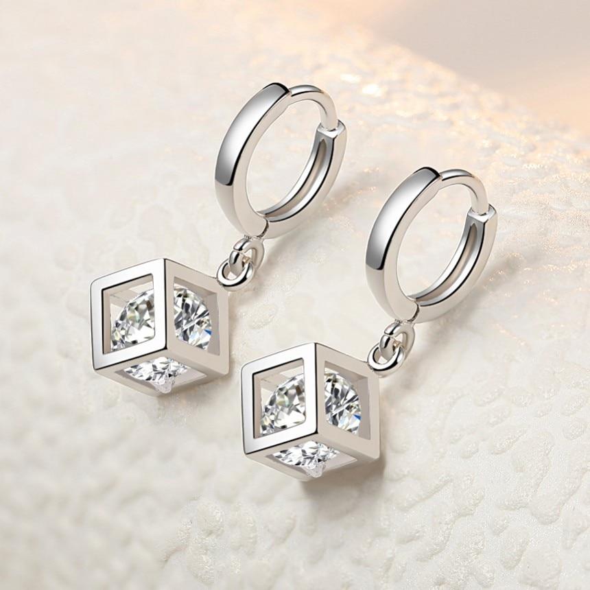Romantic 925 Sterling Silver Crystal Square Stud Earrings For Women Wedding Engagement Jewelry Prevent Allergy Eh783