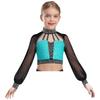 Girls Rhinestone Color Block Crop Top Mock Neck Sheer Mesh Long Sleeves Strappy Cutout Back for Figure Skating Performance Wear