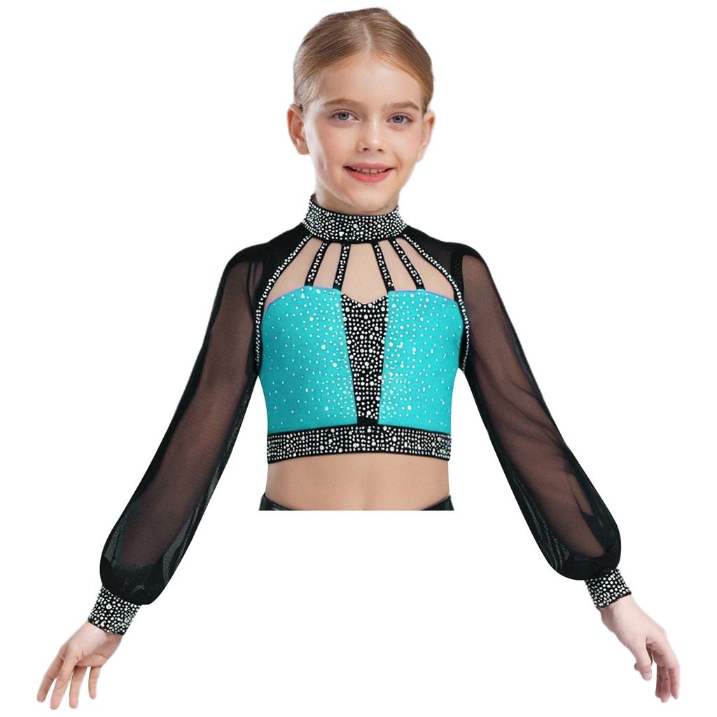 Girls Rhinestone Color Block Crop Top Mock Neck Sheer Mesh Long Sleeves Strappy Cutout Back for Figure Skating Performance Wear