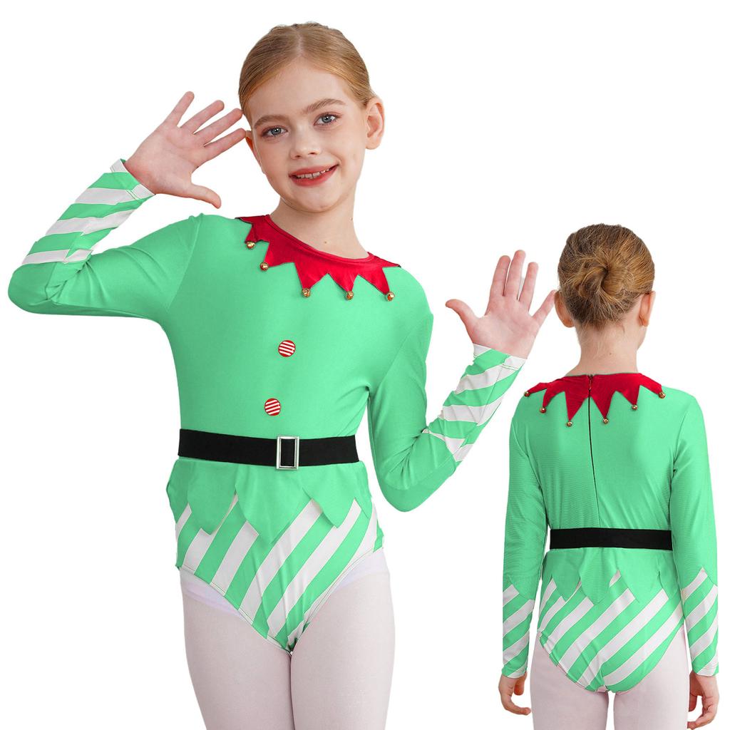 Kids Dance Leotard Christmas Costume Long Sleeve Stripes Brass Bells Belt Athletic Wear