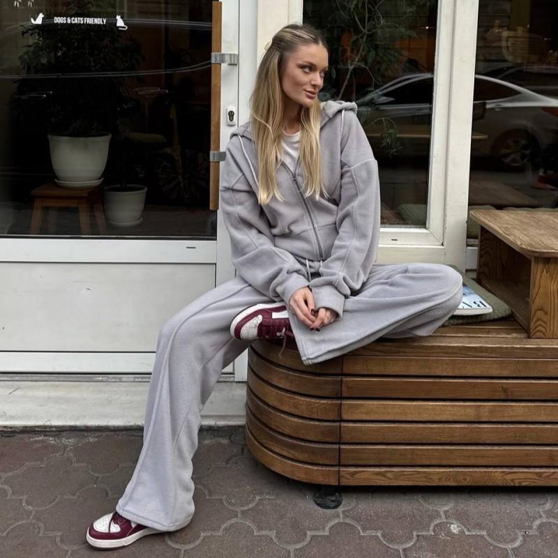 Womens Fleece Hooded Zip-Up Top Wide-Leg Pants 2-Piece Casual Set