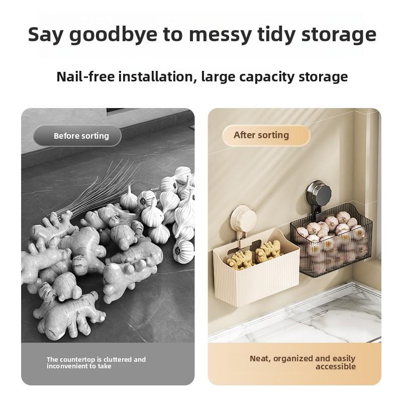 New Suction Cup Wall-mounted Kitchen Storage Rack Onion, Ginger and Garlic Seasoning Storage Kitchen Onion, Ginger and Garlic Storage Basket Rack
