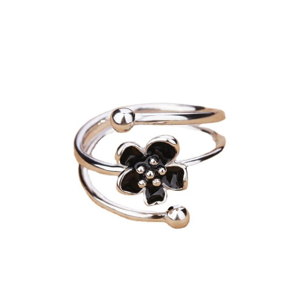 Open Ring S925 Silver Plated Black Flower Adjustable Romantic Love Ring Creative Gift for Women Students