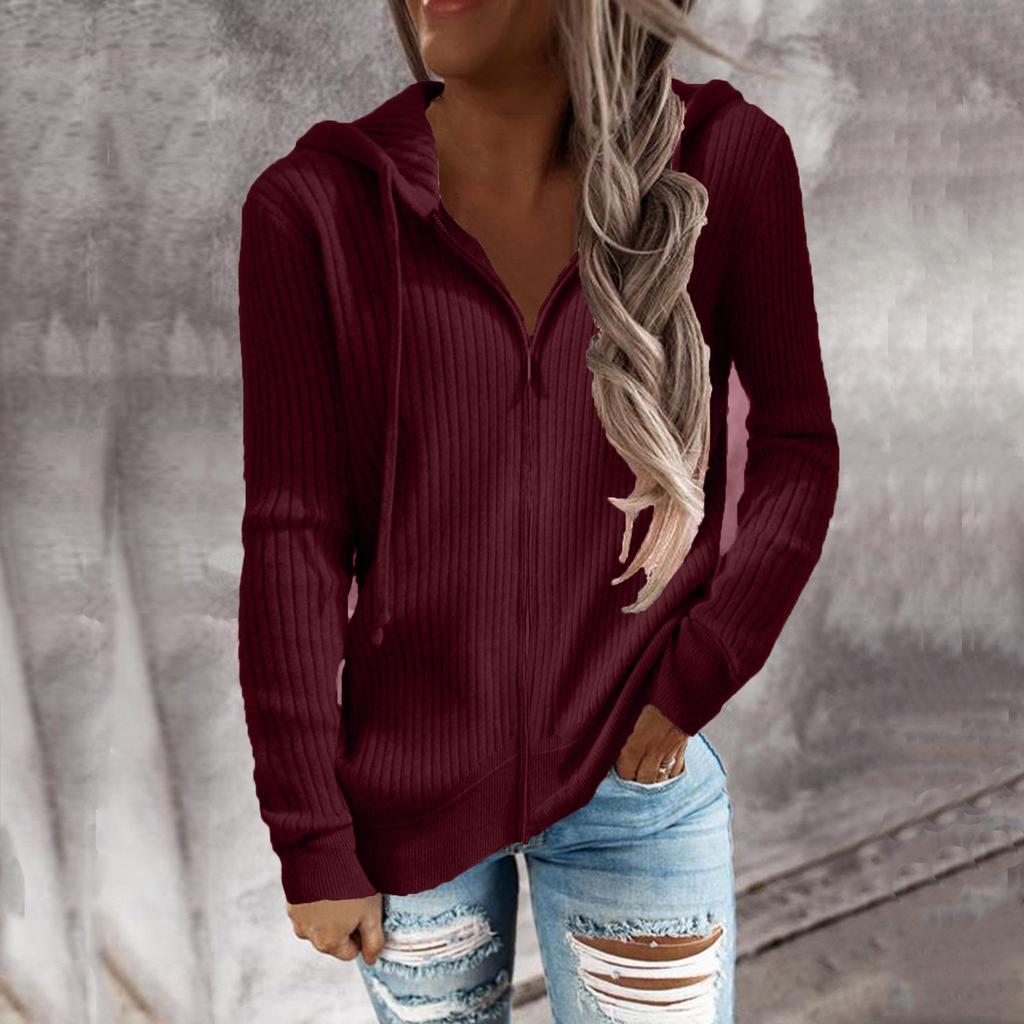 Женская мода, однотонная толстовка с капюшоном и застежкой-молнией, повседневная толстовка с длинным рукавом, пальто