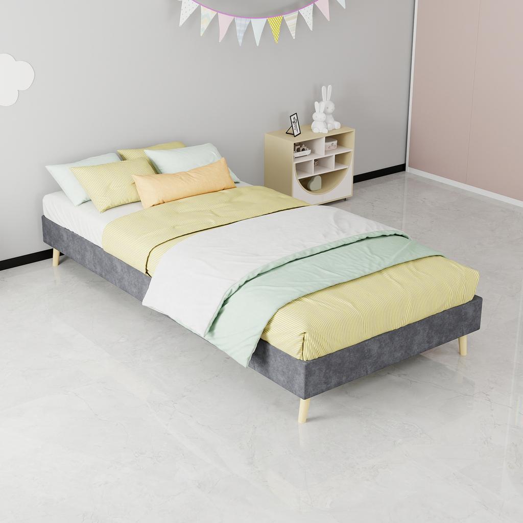 Modern Minimalist Bed Frame, 90x200 cm, Grey, Dutch Velvet Fabric, Low-Profile Base, Bedroom Furniture. Excludes Gas Lift, Headboard, and Mattress.