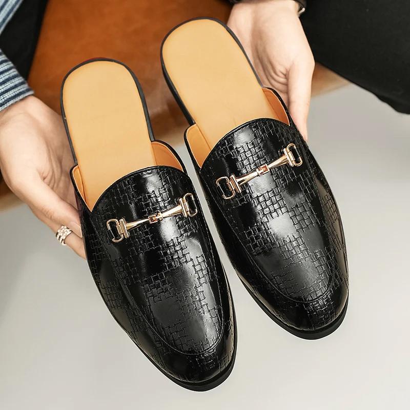 New Men Metal Button Pu Leather Half Slippers Shoes Male Casual Mules Moccasins Breathable Loafers Zapatos Hombre