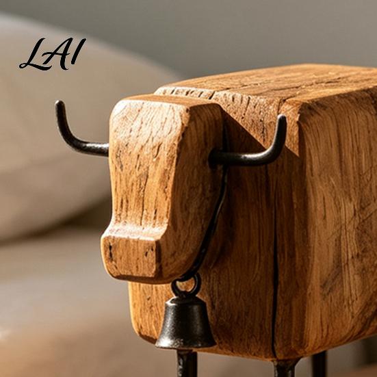 Cute Sheep Statue for Entryway Rustic Figurine with Bell Faux Wood Resin Farmhouse Lamb Statue Stable Sculpture Table Vintage Country Style Desktop