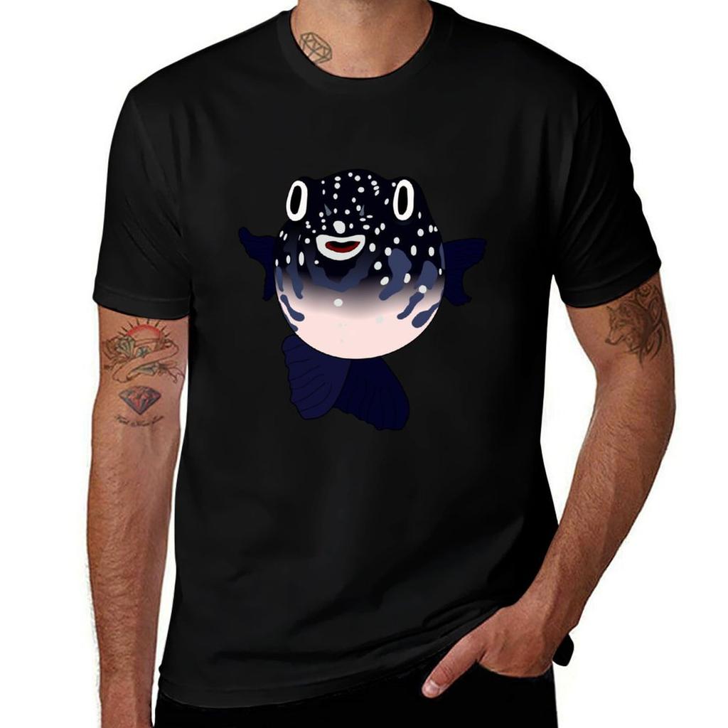 Pufferfish In Blue Tshirt Basic Casual Wear Short Sleeve Top