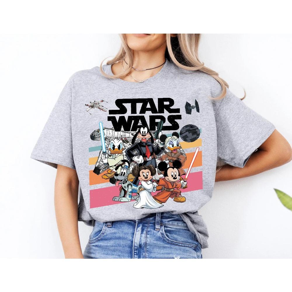 Футболка с персонажами Disney и Star Wars, Унисекс, Ретро, Научная фантастика, Мультфильм, Уличная одежда, 100% Хлопок, Повседневная, С коротким рукавом