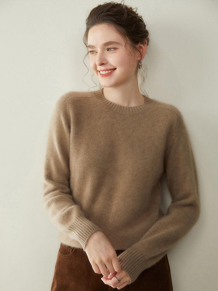 Женский кашемировый свитер с круглым вырезом - Коллекция Осень/Зима 2025, Реглан, Утепленный, Однотонный, Свободный крой, Стройнящий вязаный базовый.