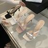 Весна и осень 2025 года новая французская квадратная голова высокие каблуки женские римские сандалии носить носок шлепанцы обувь универсальная