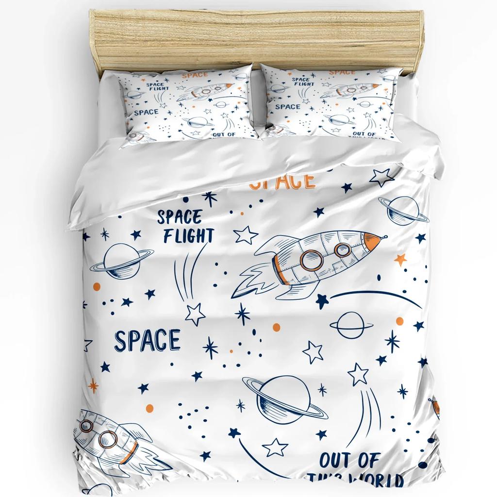 Outer Space Cartoon Cute Spaceship Rocket Duvet Cover with Pillow Case 3pcs Bedding Set Quilt Cover Double Bed Home Textile