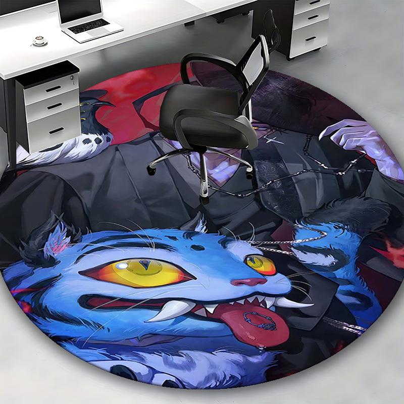 1pc Anime Design Round Carpet - Blue Cat with Yellow Eyes, Office Chair Mat, Non-Slip Rug for Home Decor, Suitable for Office, Living Room