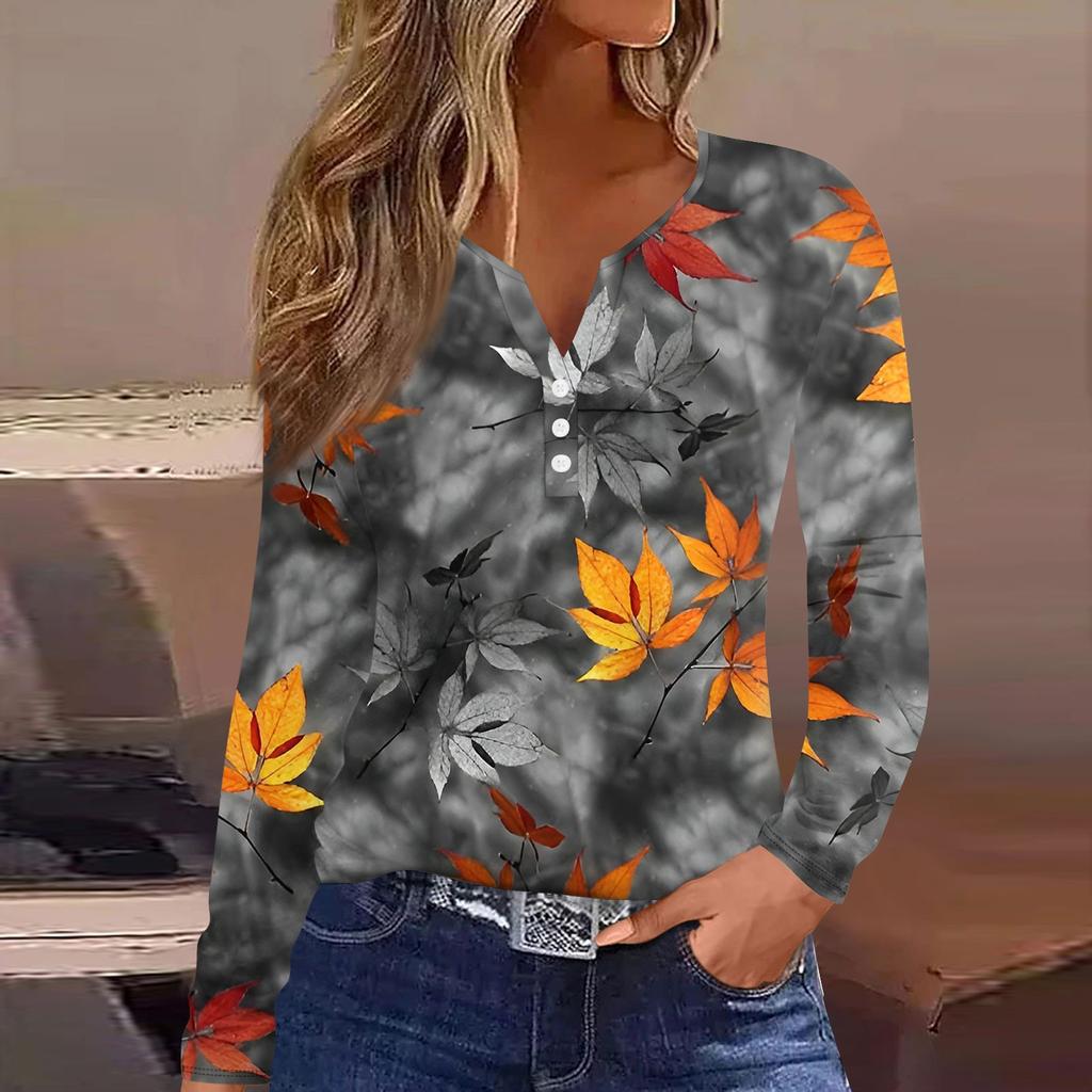 Женская модная повседневная футболка с V-образным вырезом и принтом листьев, с длинными рукавами и декоративными пуговицами