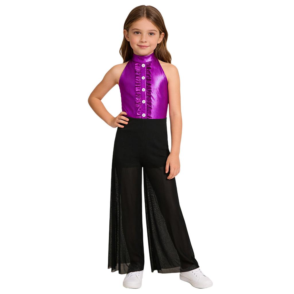 Блестящий металлический и сетчатый танцевальный комбинезон для девочек: Топ без рукавов с воротником-стойкой и оборками на лифе и струящиеся широкие брюки для сцены