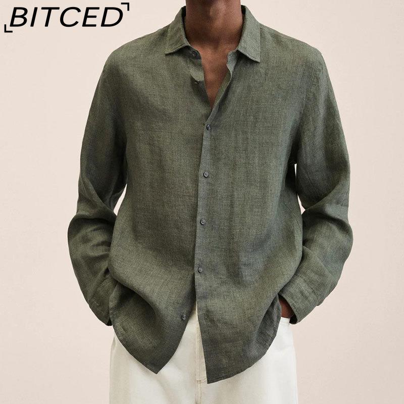 BITCED Кардиган-рубашка на пуговицах с длинным рукавом, свободного кроя, из смесовой хлопково-льняной ткани, для мужчин, на все сезоны