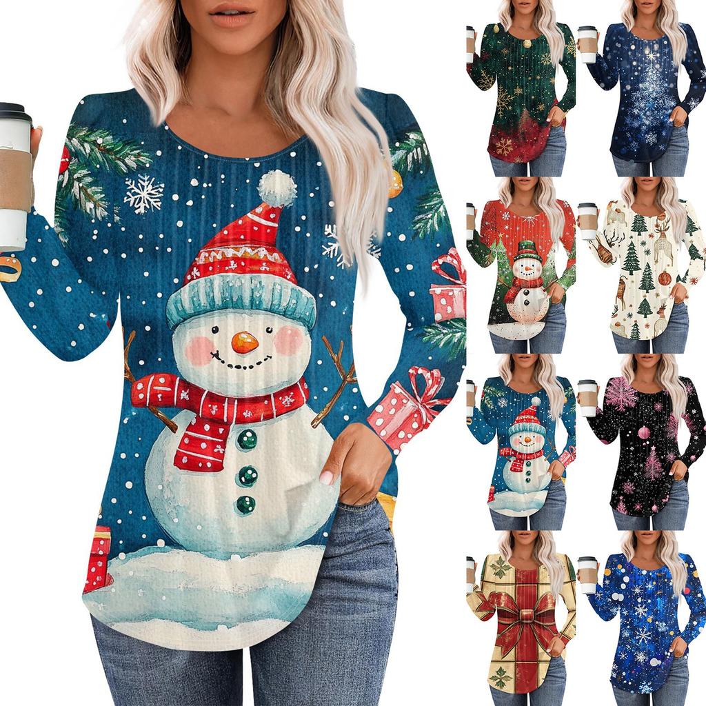Женская повседневная футболка с круглым вырезом и длинными рукавами с рождественским принтом и складками