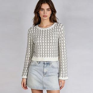 Europe, America autumn and winter fashion sweater women's clothing, casual knitted plaid contrasting cardigan jacket top