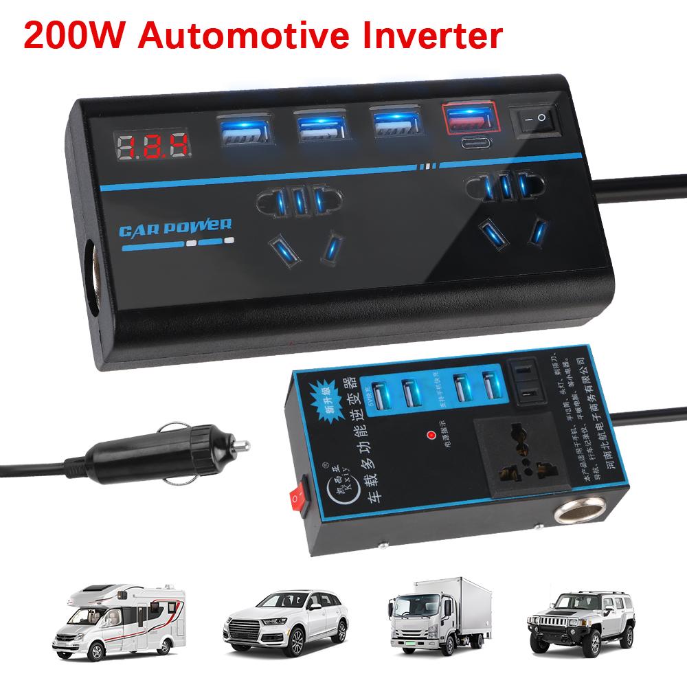 Автомобильный инвертор DC 12V/24V в AC 110V/220V Преобразователь QC 3.0 USB/PD/Type-C Зарядные устройства 200 Вт 8 Портов Розетки Выключатель ON/OFF Адаптер питания Защита от перегрузки