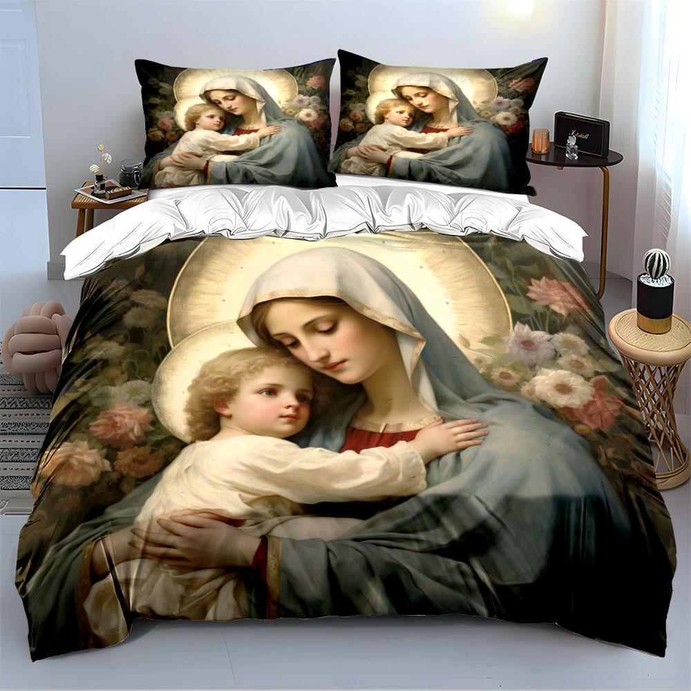 Mother and Child Religious Art Bedding Duvet Cover Set (1*Duvet Cover 2*Pillowcases, without duvet insert)