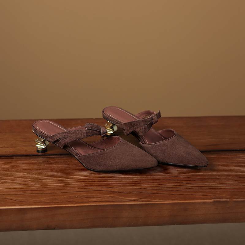 Krazing Pot Suede Butterfly-knot Mules Strange Style Med Heels Summer Size 42 Pointed Toe Slip on Women Shallow Pumps